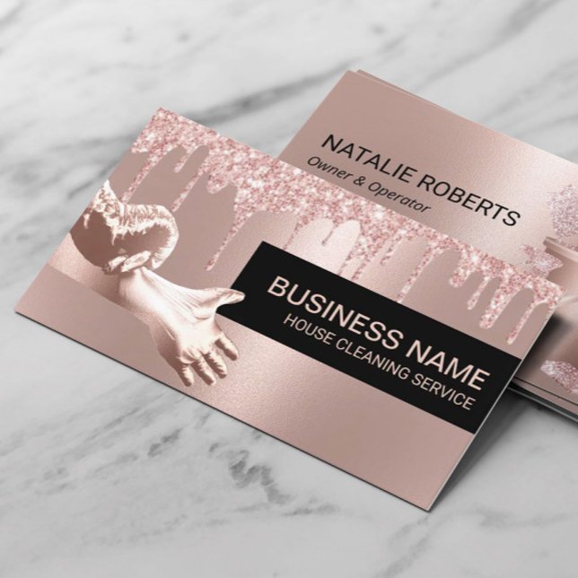 House Cleaning Housekeeping Modern Rose Gold Drips Business Card (Creator Uploaded)