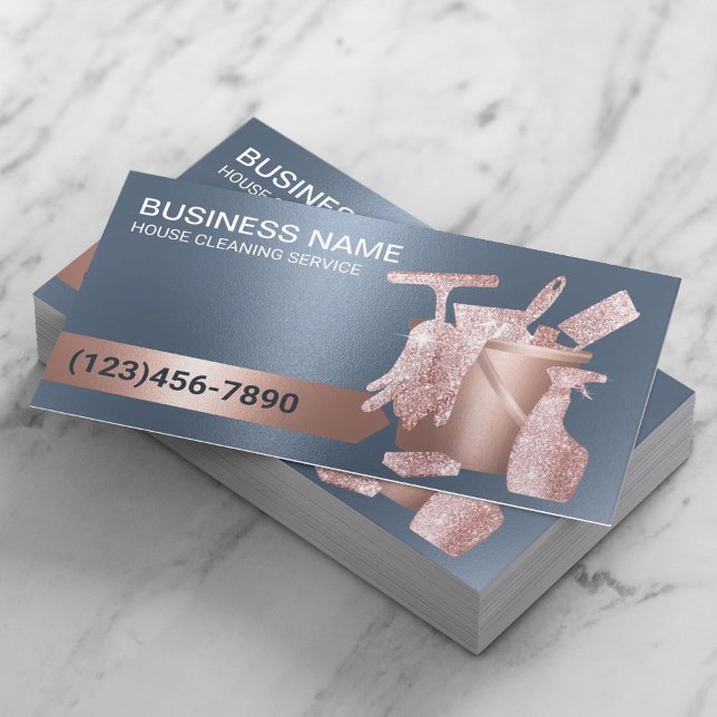House Cleaning Housekeeping Rose Gold Dusty Blue Business Card (Creator Uploaded)