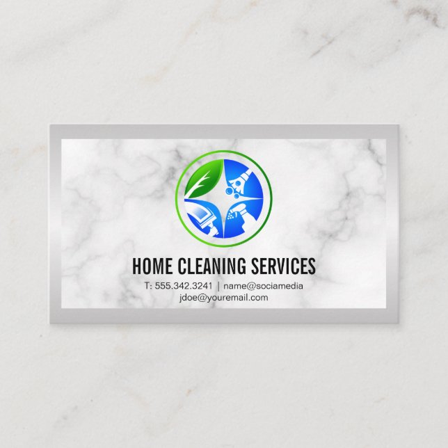 House Cleaning Icons | Marble Metal Background Business Card (Front)