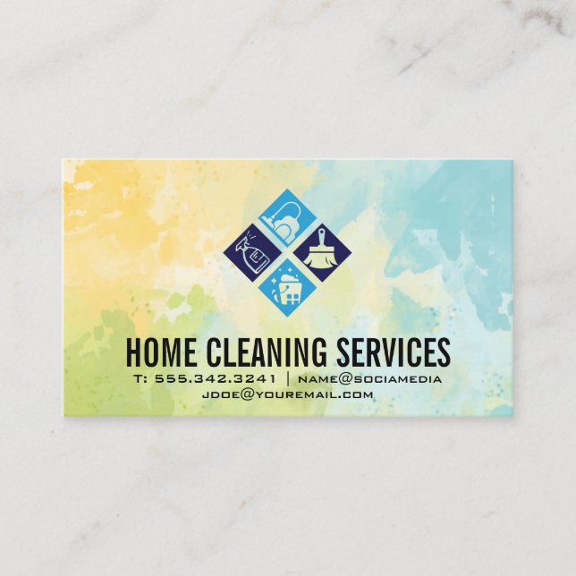 House Cleaning Icons | Watercolor Background Business Card (Front)
