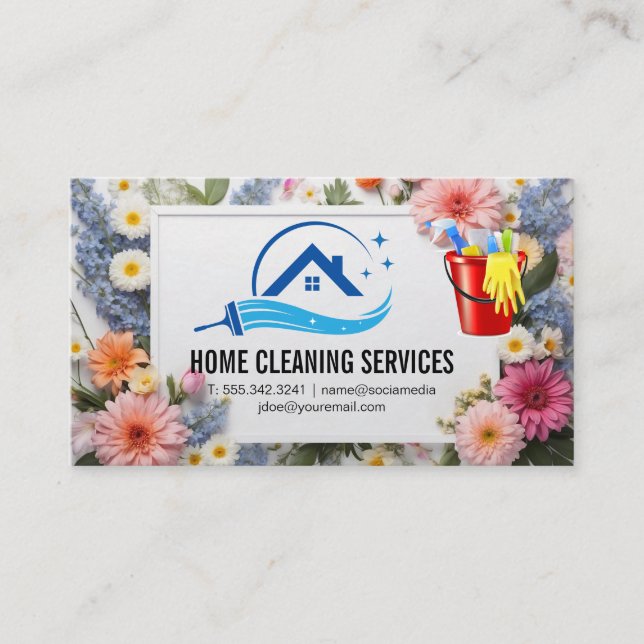 House Cleaning Logo | Flowers Border Business Card (Front)