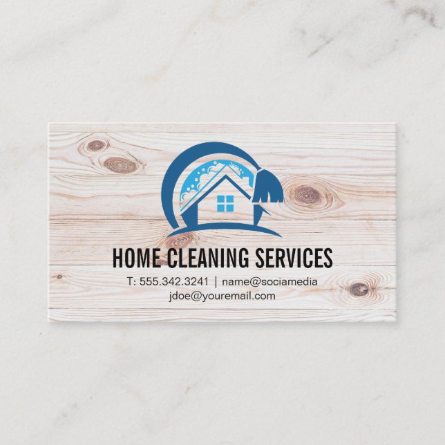 House Cleaning Logo | Wooden Boards Background Business Card (Front)