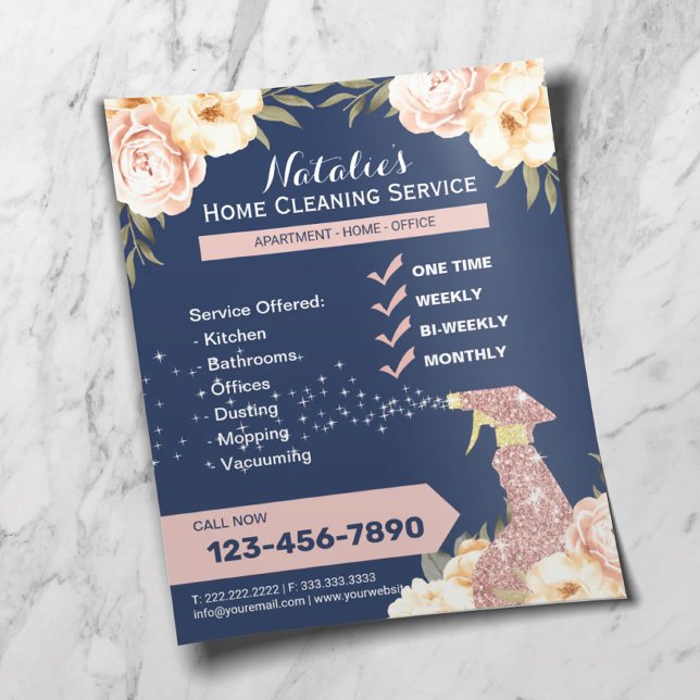 House Cleaning Maid Service Floral Navy Blue Flyer (Creator Uploaded)