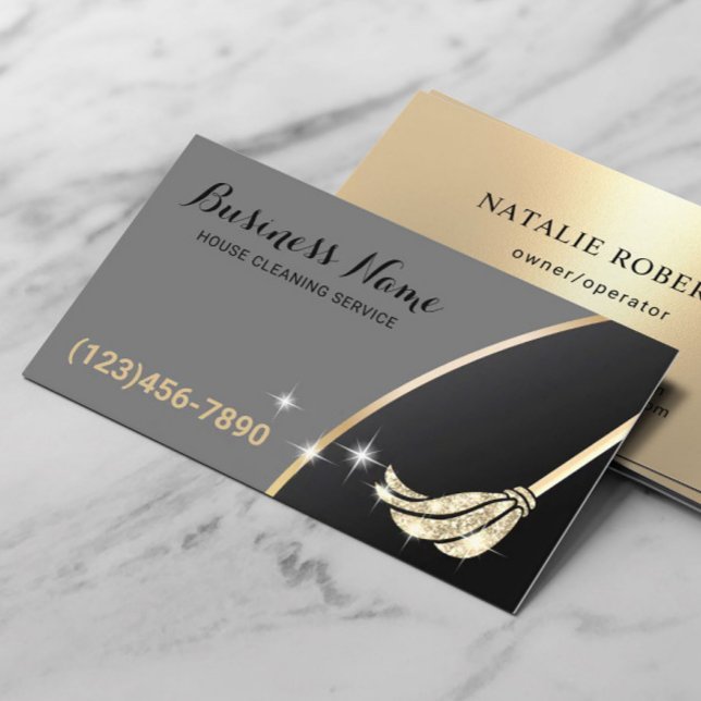 House Cleaning Maid Service Gold Glitter Mop Business Card (Creator Uploaded)