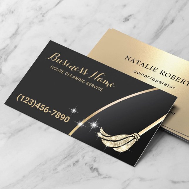 House Cleaning Maid Service Modern Black & Gold Business Card (Creator Uploaded)