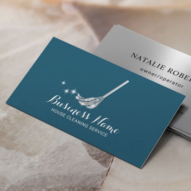 House Cleaning Maid Service Modern Teal & Silver Business Card (Creator Uploaded)
