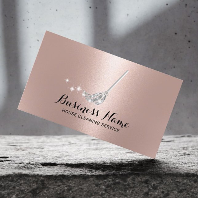 House Cleaning Maid Service Silver Mop Rose Gold Business Card (Creator Uploaded)