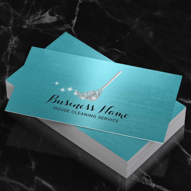 House Cleaning Maid Service Silver Mop Turquoise Business Card (Creator Uploaded)