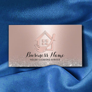 House Cleaning Modern Rose Gold House & Mop Logo Business Card