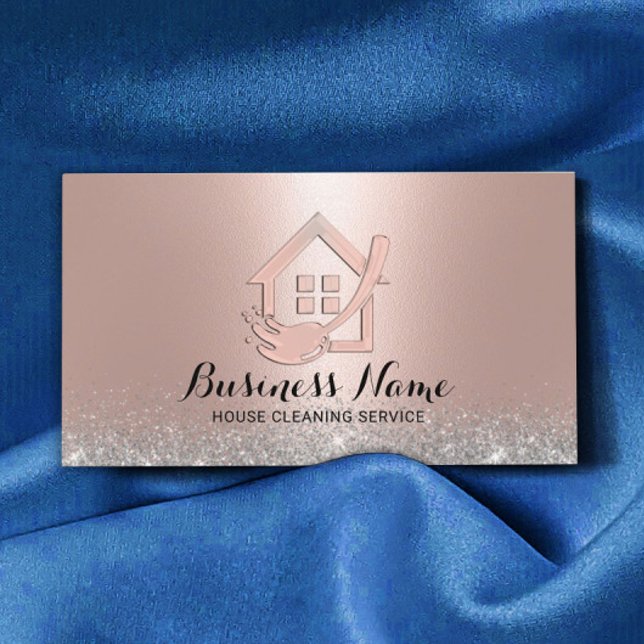 House Cleaning Modern Rose Gold House & Mop Logo Business Card (Creator Uploaded)