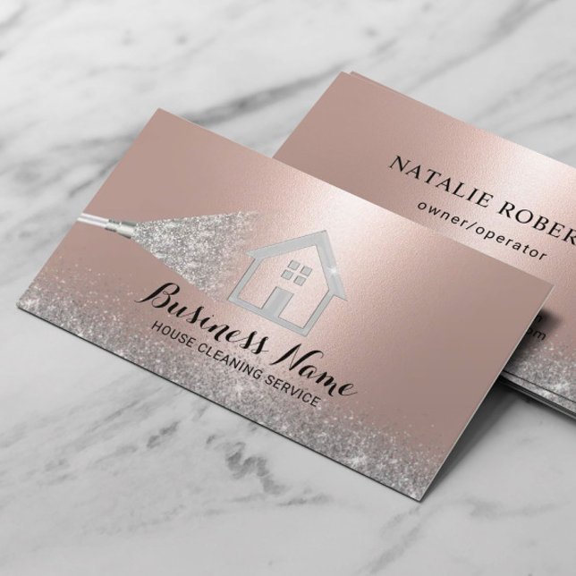 House Cleaning Modern Rose Gold & Silver Maid Business Card (Creator Uploaded)