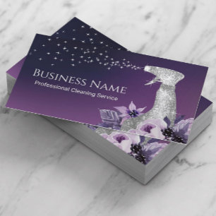 House Cleaning Modern Silver Spray Purple Floral Business Card