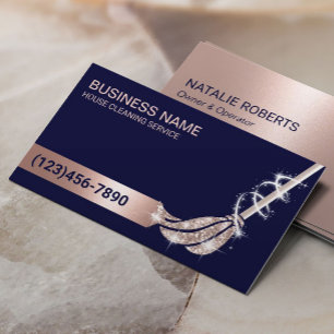 House Cleaning Navy & Rose Gold Mop Maid Service Business Card