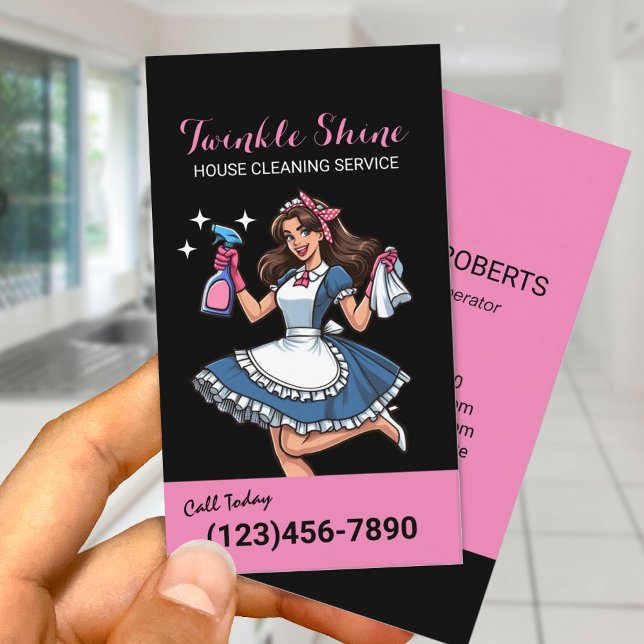 House Cleaning Retro Black & Pink Maid Service Business Card (Creator Uploaded)