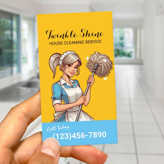 House Cleaning Retro Blue & Gold Maid Service Business Card (Creator Uploaded)