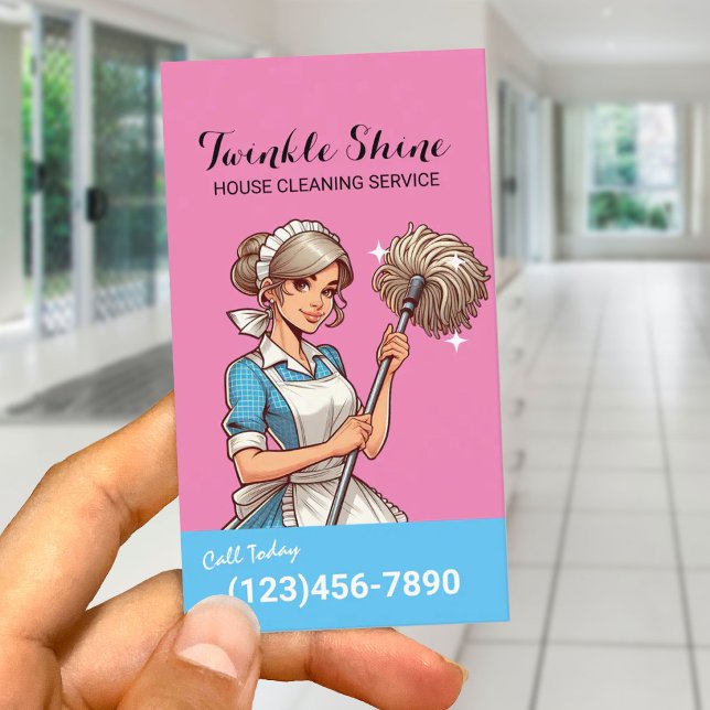 House Cleaning Retro Blue & Pink Maid Service Business Card (Creator Uploaded)