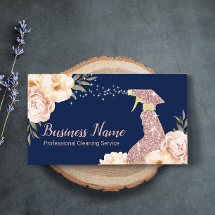 House Cleaning Rose Gold Spray Modern Floral Navy Business Card