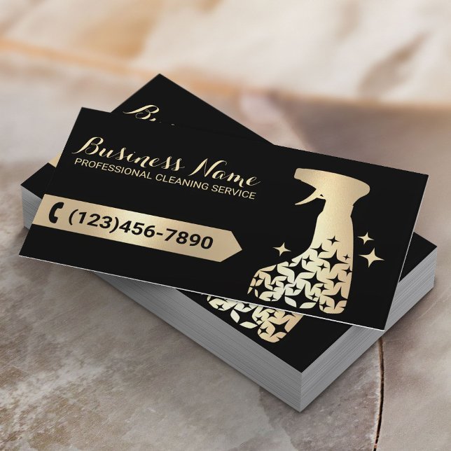 House Cleaning Service Black & Gold Spray Cleaner Business Card (Creator Uploaded)