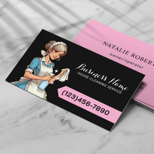 House Cleaning Service Black & Pink Housekeeping Business Card (Creator Uploaded)