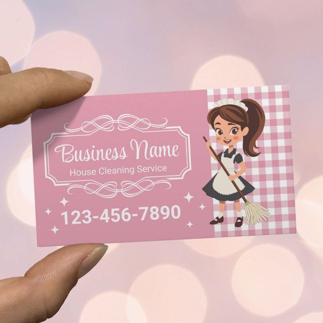 House Cleaning Service Cartoon Maid Pink Plaid Business Card (Creator Uploaded)