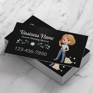 House Cleaning Service Cute Cartoon Girl Black Business Card