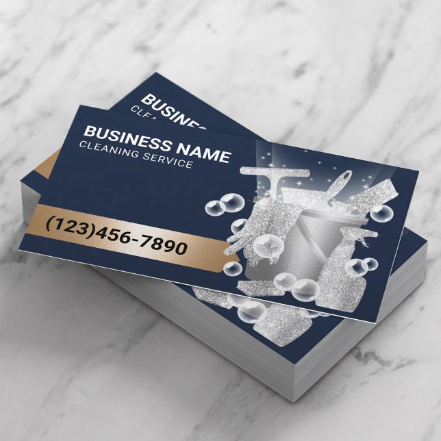 House Cleaning Service Modern Navy Blue & Silver Business Card (Creator Uploaded)
