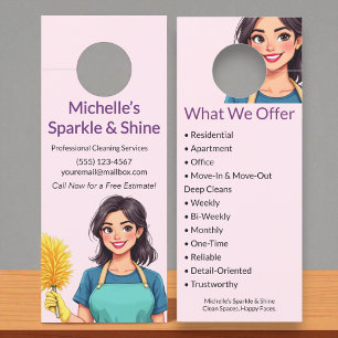 House Cleaning Service Modern Woman Pink  Door Hanger