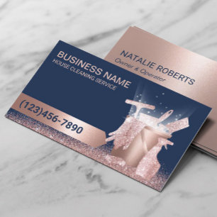 House Cleaning Service Navy & Rose Gold Glitter Business Card
