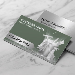 House Cleaning Service Sage Green Silver Glitter Business Card