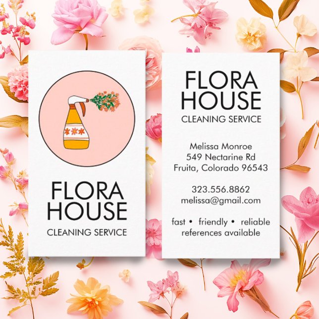 House Cleaning Service Spray Bottle Floral Logo Business Card (Creator Uploaded)