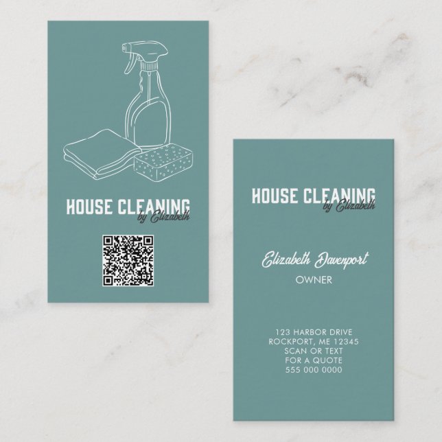 House Cleaning Service Teal Modern QR Code Business Card (Front/Back)