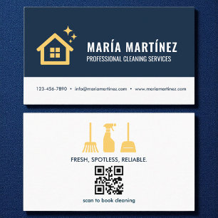 House Cleaning Services Navy Blue & Gold QR Code  Business Card