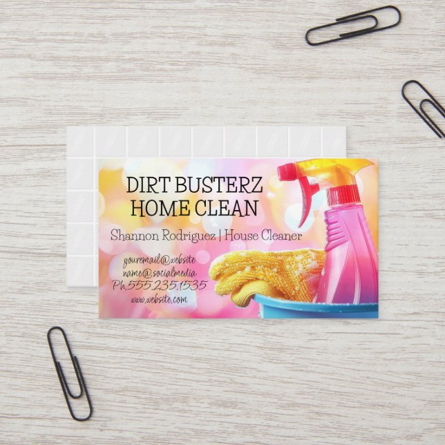 House Cleaning | Spray Bottle and Rag Business Card (Front/Back In Situ)