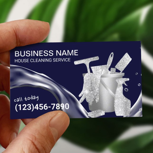House Cleaning Water Flow Housekeeping Navy Business Card (Creator Uploaded)