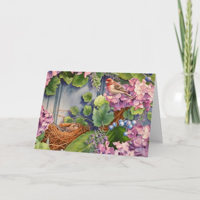 House Finch Pair Nest in Wreath Watercolor Art Card (Front)