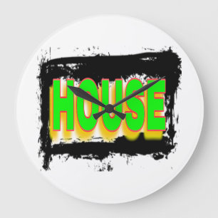 HOUSE GREEN FONTS RED OUTLINES ORANGE SHADOWS LARGE CLOCK