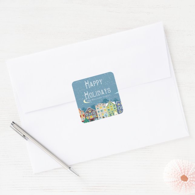 House In Snow Happy Holidays Monogram Square Sticker (Envelope)