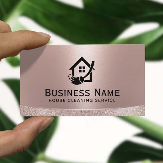 House Logo Home Cleaning Maid Service Rose Gold Business Card (Creator Uploaded)