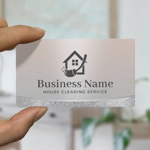 House Logo Home Cleaning & Maid Service Silver Business Card