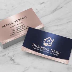 House Logo Home Cleaning Service Rose Gold & Navy Business Card