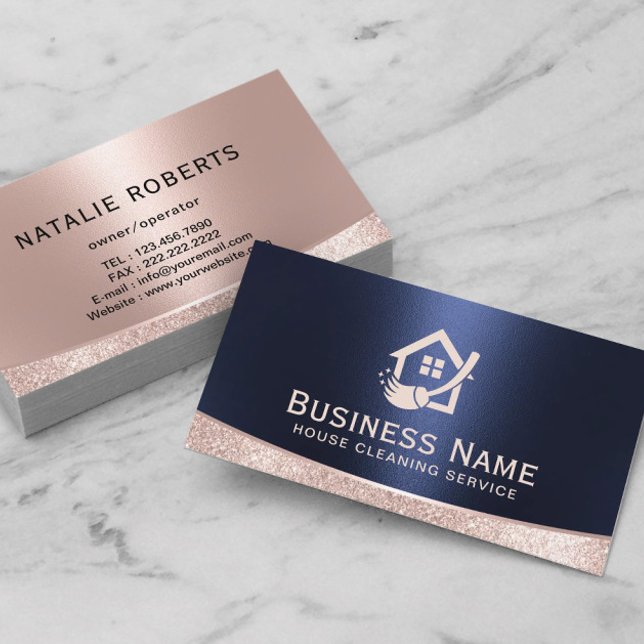 House Logo Home Cleaning Service Rose Gold & Navy Business Card (Creator Uploaded)