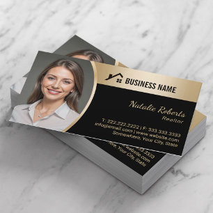 House Logo Real Estate Black & Gold Realtor Photo Business Card