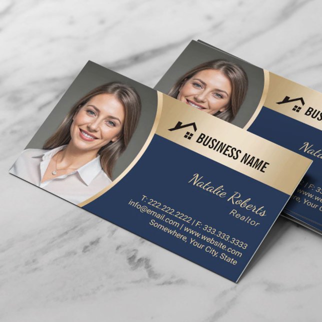 House Logo Real Estate Navy & Gold Realtor Photo Business Card (Creator Uploaded)