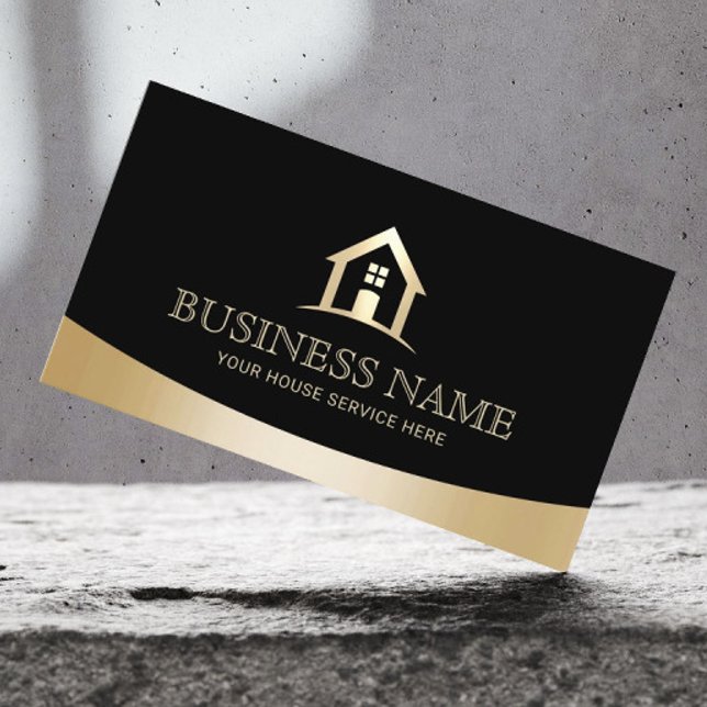 House Logo Real Estate Realtor Modern Black & Gold Business Card (Creator Uploaded)