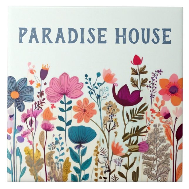 House Name Plate Plaque Sign Colourful Wildflower Ceramic Tile (Front)