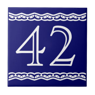 House Number - Heart Swirls White on Blue Ceramic Tile