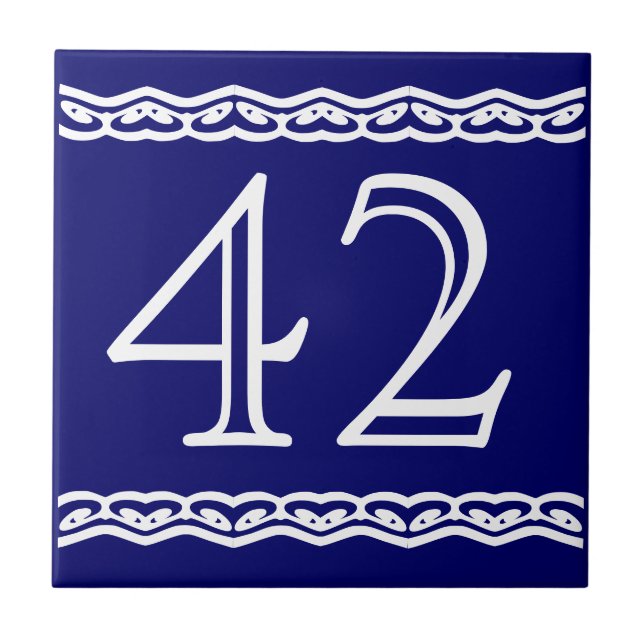 House Number - Heart Swirls White on Blue Ceramic Tile (Front)