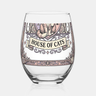 House Of Cats Cat Heraldry Coat of Arms Vintage Stemless Wine Glass