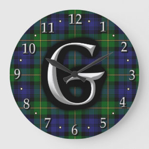 House of Gordon Letter G Monogram Clan Tartan Large Clock