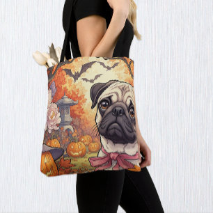 House of Pug Dog & Halloween, Autumn, Art Nuovo Tote Bag